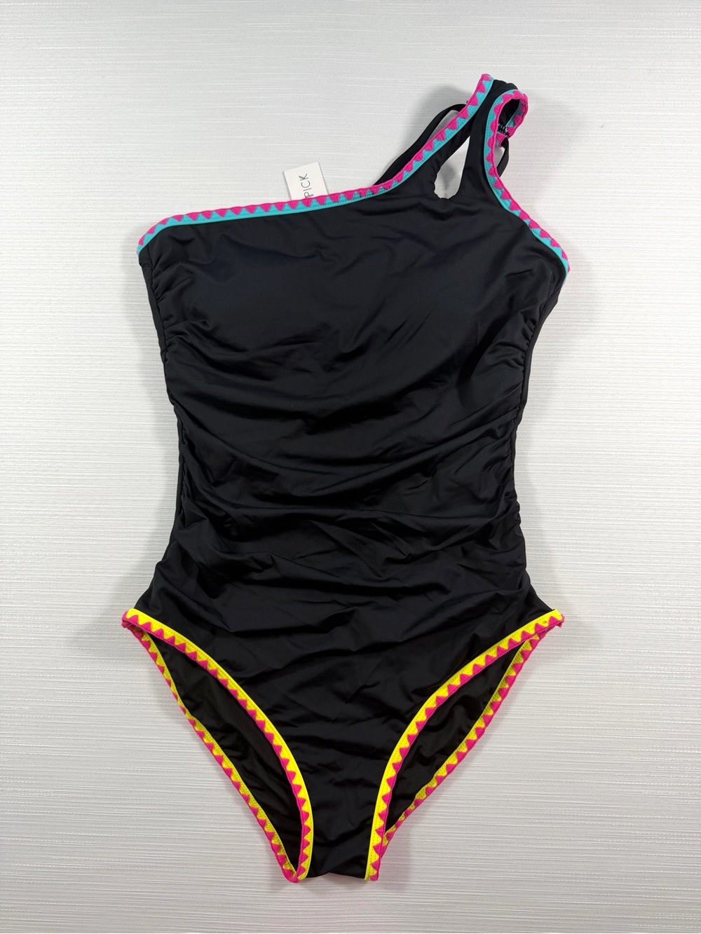 Holipick One Shoulder One Piece Swimsuit Black Ruched Color Trim NWT